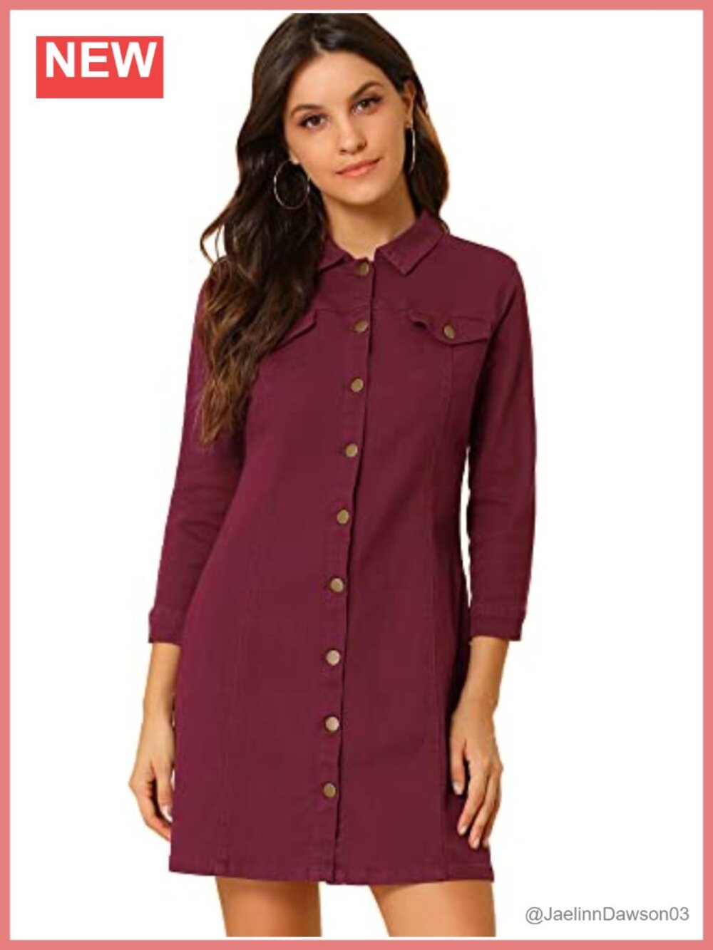 Womens Denim Mini Shirt Dress 3/4 Sleeve Fitted Button Up Jean Dress